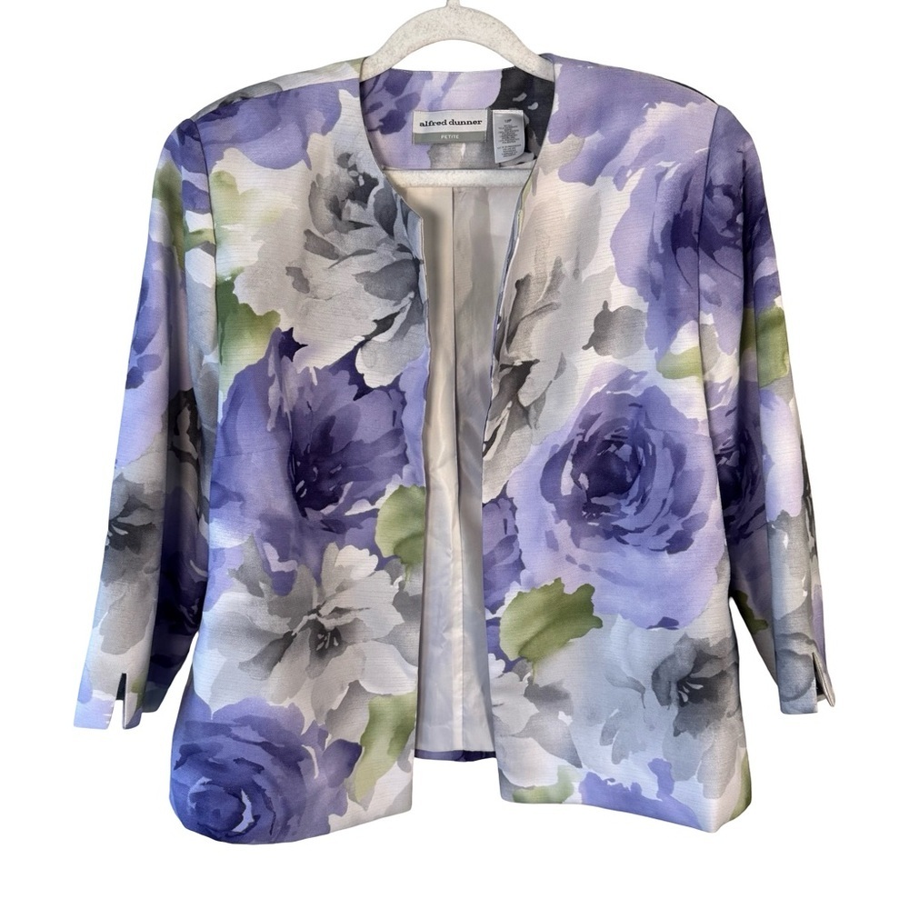 Alfred Dunner Purple and Gray Floral Open Front Blazer Size 12P Office Dressy
